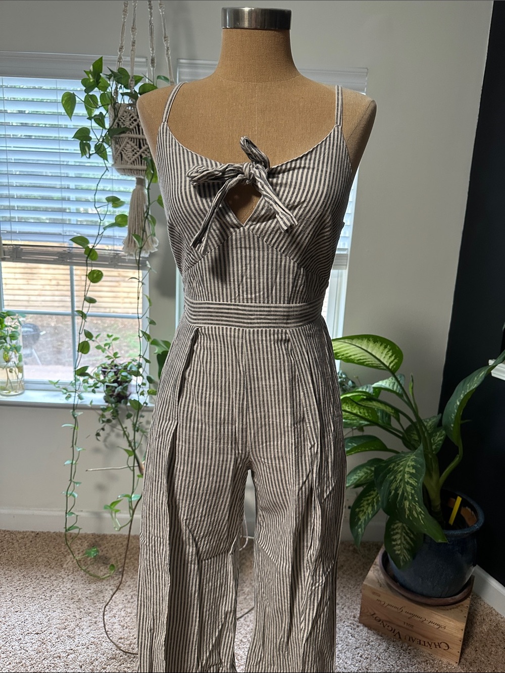 Striped Tie-Front Linen Jumpsuit in Black & White